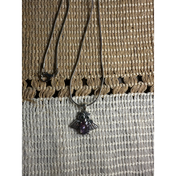 Silver and Amethyst Owl Pendant on Stainless Steel Chain - Picture 5 of 8